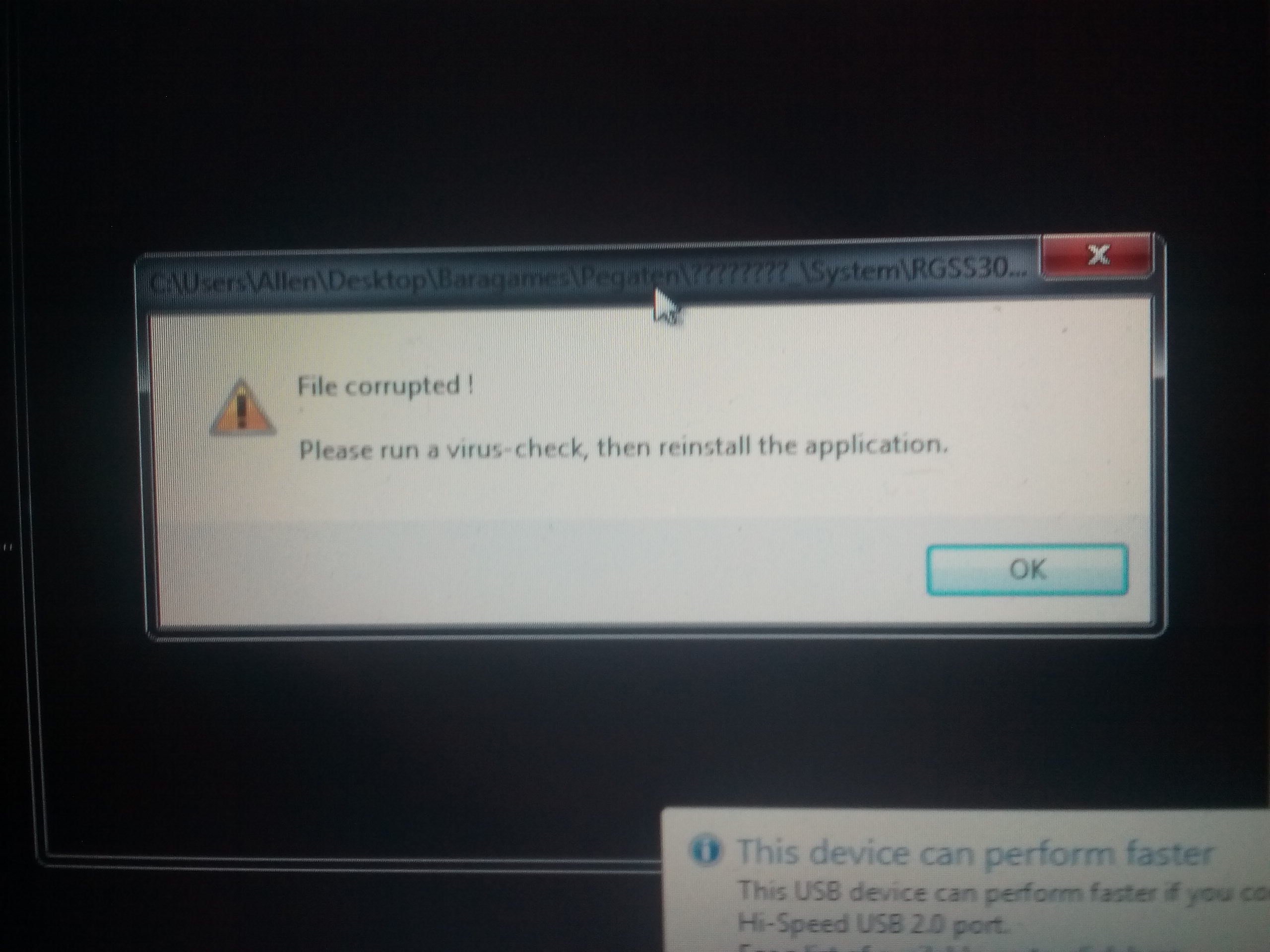 file corrupted please run a virus=check then reinstall